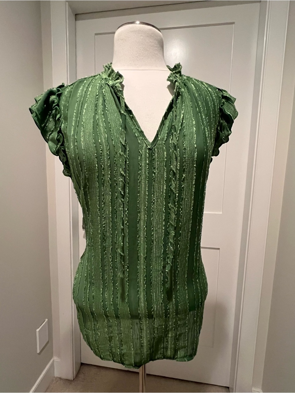 Green Ruffle Sleeve V-Neck Women's Top